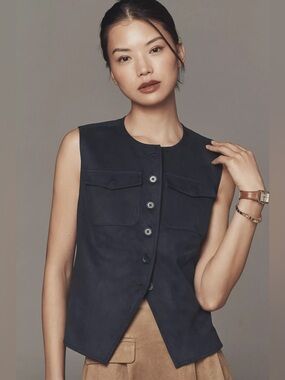 Anthropologie Navy Blue Sleeveless Button-Front Vest